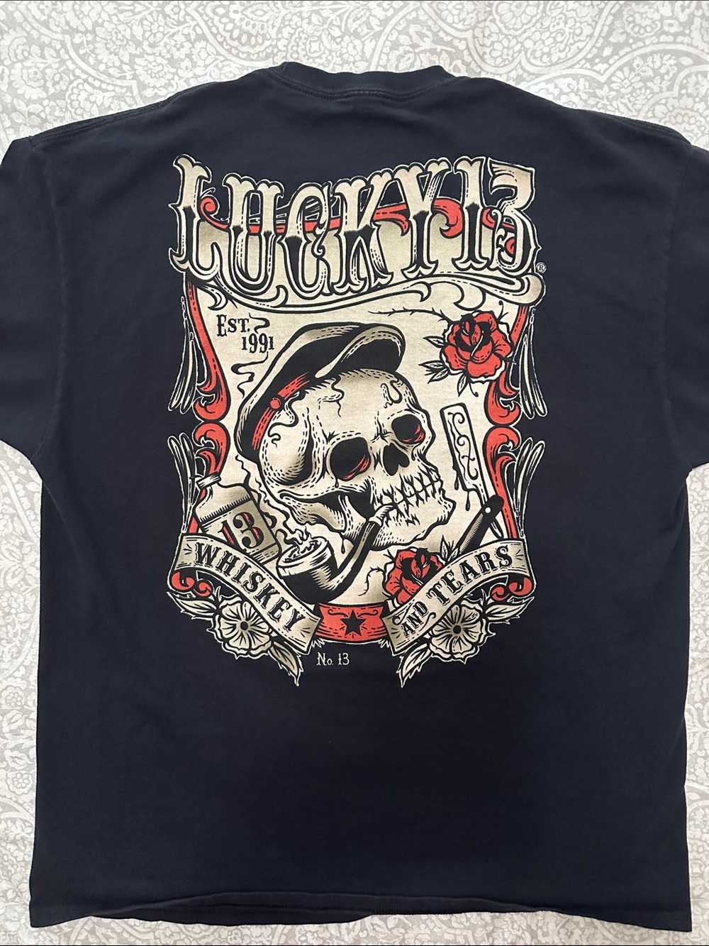 Lucky 13 Men's Black Skull & Rose Graphic Short Sleeve Tee